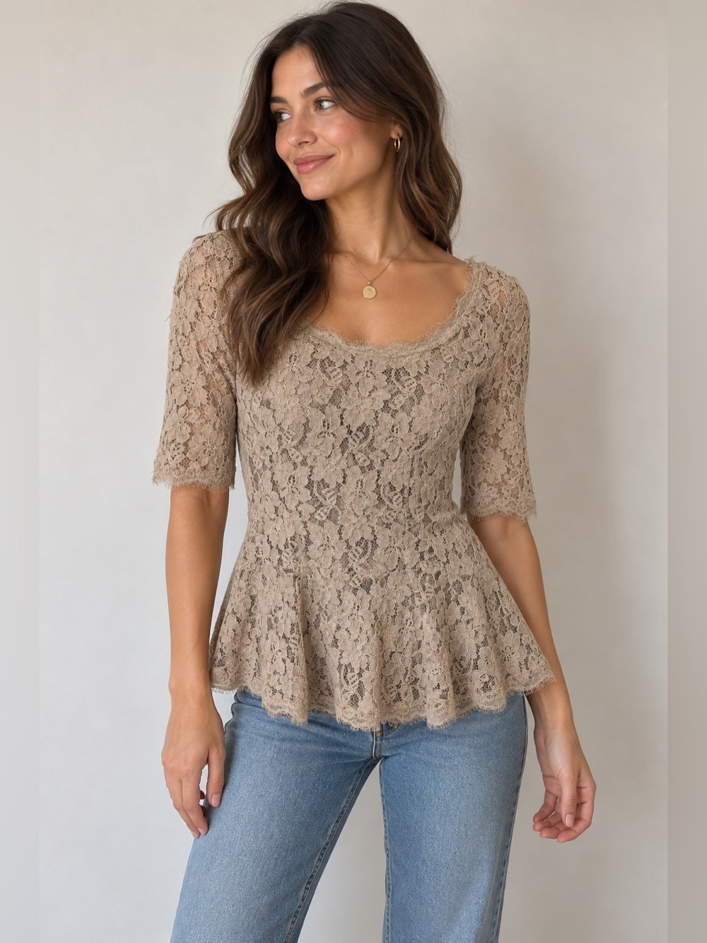 T Babaton Aritzia Taupe Floral Sheer Lace Peplum Top size 2